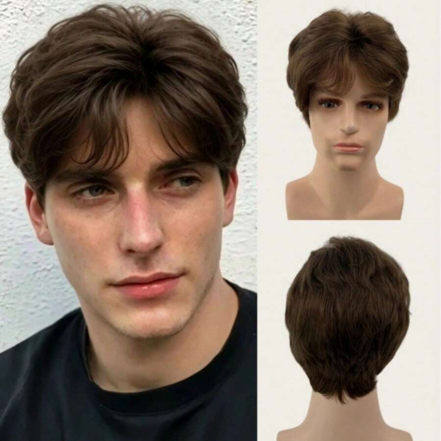 Men Dark Brown Layered Short Wig Natural Fluffy Wavy Hair Realistic Breathable Wigs For Daily Dating Party Cosplay - Brown - View 1