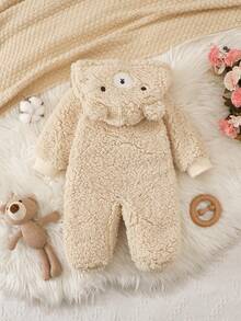 1pc Newborn Baby Hooded White Plush Fabric, Reversible Zipper & Button Design, Cute Bear Style, Long Sleeve Footed Jumpsuit, Comfortable For Infant - Khaki - View 3