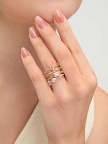 Ashenrae 3 Buah Cincin Zirkonia Geometris Minimalis untuk Wanita, Hadiah Sehari-hari & Pesta - Yellow Gold - View 2