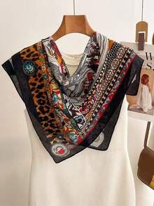 1pc 68*68cm Retro Leopard Tiger Stripe Border Landscape Linen Scarf, Thin Multi-Purpose Scarf For All Seasons, Daily Outing & Party - Multicolor - View 8