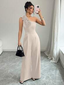 Women's Solid Color Jumpsuit With Asymmetrical Neckline, Sleeveless And With 3D Floral Print - 杏色 - 查看 1