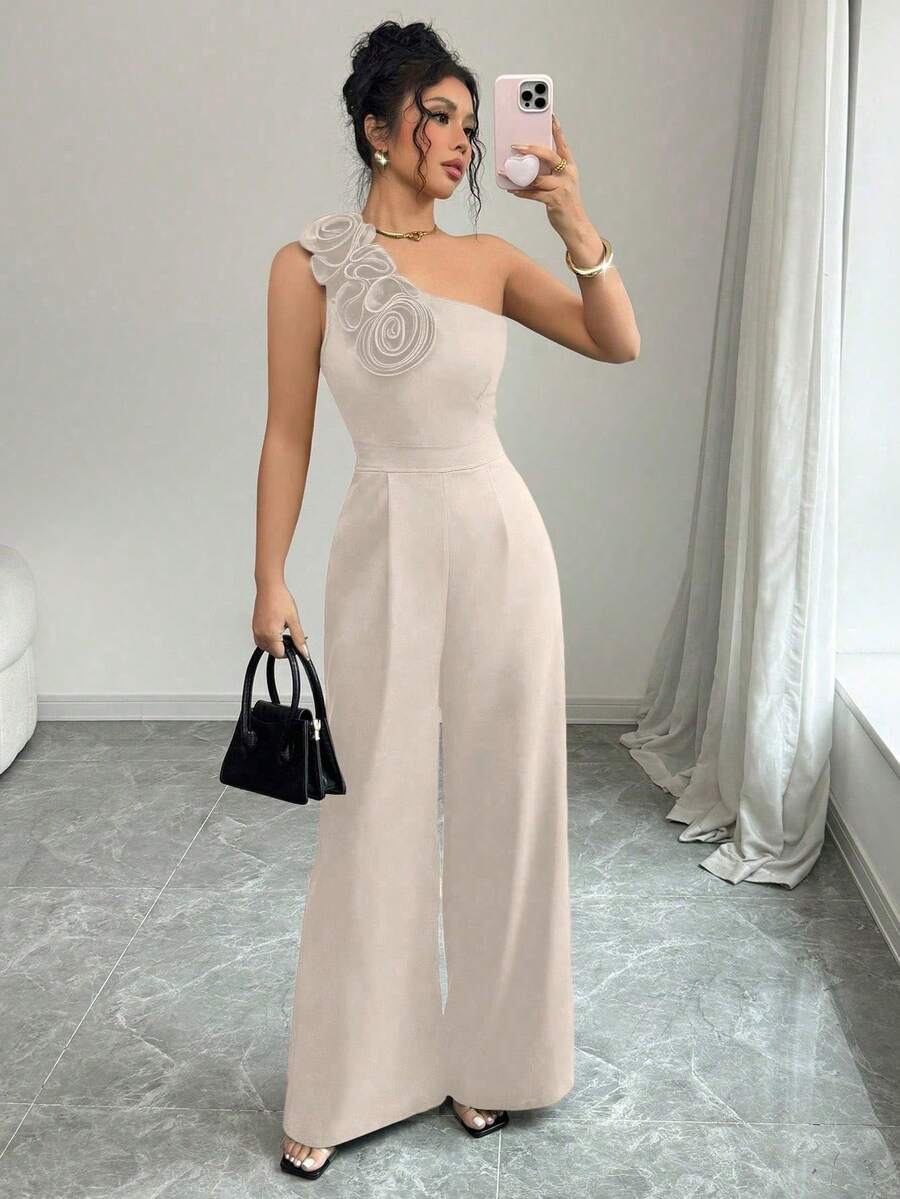 Women's Solid Color Jumpsuit With Asymmetrical Neckline, Sleeveless And With 3D Floral Print - 杏色 - 查看 1
