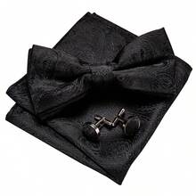5Pcs Black Paisley Jacquard Men Accessory Set, Bow Tie Pocket Square Cufflinks Ring Boutonniere, Random Cufflink Patterns,Decor For Groom Wedding - Black - View 5