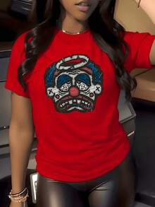 1 pieza de camiseta con estampado gráfico de cara de payaso espeluznante, 180g, estilo urbano desgastado, para mujer, cuello redondo, 100% algodón, estilo punk vintage. - Rojo - Ver 1