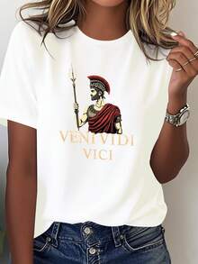 Camiseta de algodón puro estampada, con la frase "Basil Come Vidi Vici" en letra romana, camiseta suave para mujer. - Blanco - Ver 1