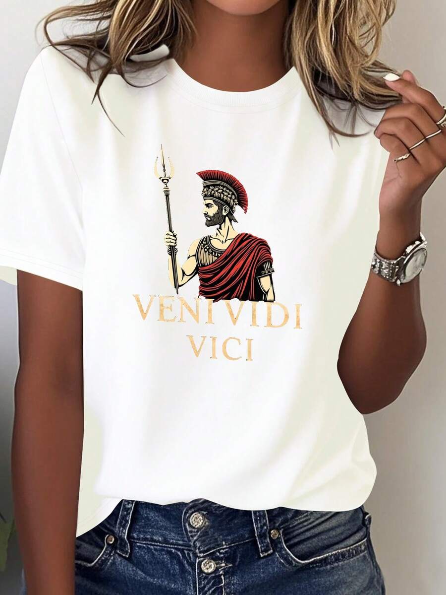 Camiseta de algodón puro estampada, con la frase "Basil Come Vidi Vici" en letra romana, camiseta suave para mujer. - Blanco - Ver 1