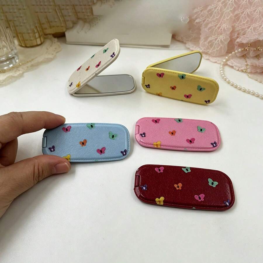 1 pieza Soporte de teléfono con espejo de cuero sintético, espejo de maquillaje adhesivo plegable, pegatina trasera de espejo, uso dual horizontal & vertical, soporte portátil de escritorio - Mariposas multicolores - Ver 1