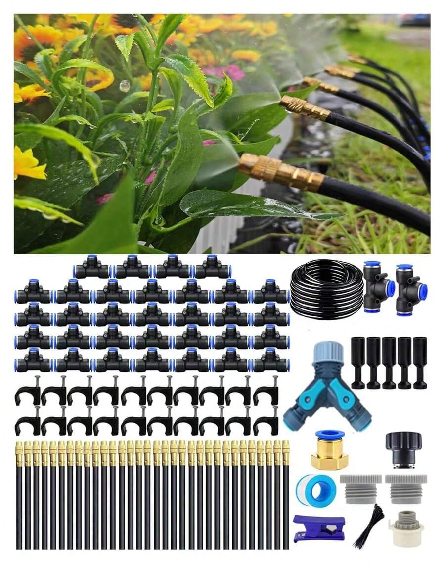 Drip Irrigation System - 360° Adjustable Micro Sprinkler Kit, Easy Tool-Free Installation, Fine Mist Spray For Potted Garden Plants, Greenhouse - 50米+32個噴霧噴嘴 - 查看 1