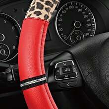 Leopard Print PU Leather Rhinestone Inlaid Patchwork Car Steering Wheel Cover, Non-Slip Wear-Resistant Inner Ring Grip, Fits 15inch Car, Unisex, Car Interior Accessory - Multicolor - View 3