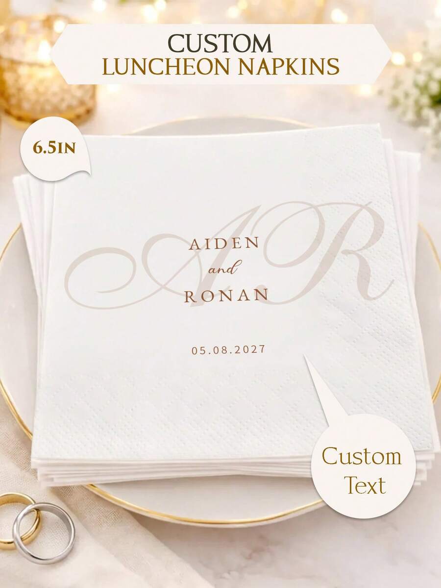 15-300pcs 6.5 Inch Customized Wedding Napkins, 3-Ply Large Personalized Napkins For Wedding, Anniversary, Engagement, Bachelorette Party, Rehearsal Dinner, Dinner Party Decor, Suitable For Couples, Family, Friends Customized Event Napkins - White - View 1
