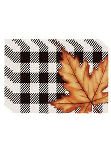 2/4/6pcs Thanksgiving Autumn Placemats Plaid Autumn Maple Leaf Heat Resistant & Easy To Clean Table Mats Suitable For Kitchen, Dining Table, Coffee Bar - Black and White - View 11