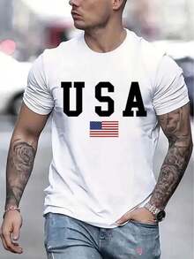 Camiseta informal de manga corta para hombre con estampado gráfico de estilo americano, paquete de 1, 100 % algodón grueso - cuello redondo cómodo, camiseta suave y bonita. - Negro - Ver 5