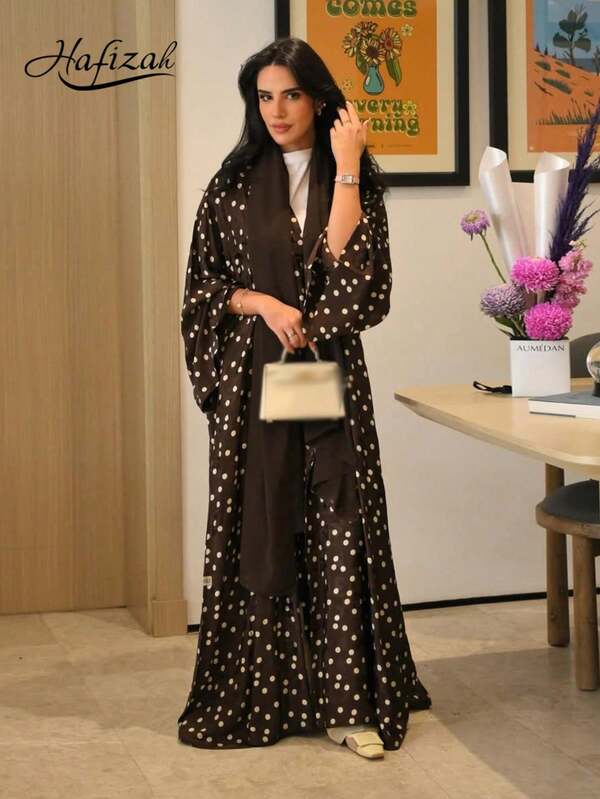 Hafizah Deep Brown Vintage Polka Dot Satin Loose Long Cardigan Set For Women, Relaxed Style Daily Commute Casual Versatile Elegant Women's Long Robe Fall
