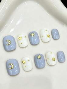 10PCS Short Round Handmade Press On Nails For Party And Daily Wear,Blue And White Nails,Star And Moon Totem Gold Foil Stars And Moons Press On Nails,Summer Nails,Suitable For Girls And Women Festivals Parties And Daily Wear - Blue and White - View 2