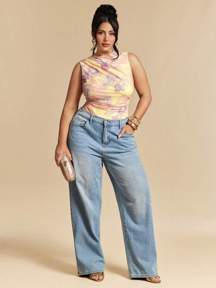 Mono Talla Grande Estampado Degradado Malla Transparente Fruncido Cuello Alto Sin Mangas Ajustado Y2K Verano Varios Colores Disponibles - Multicolor 3 - Ver 1