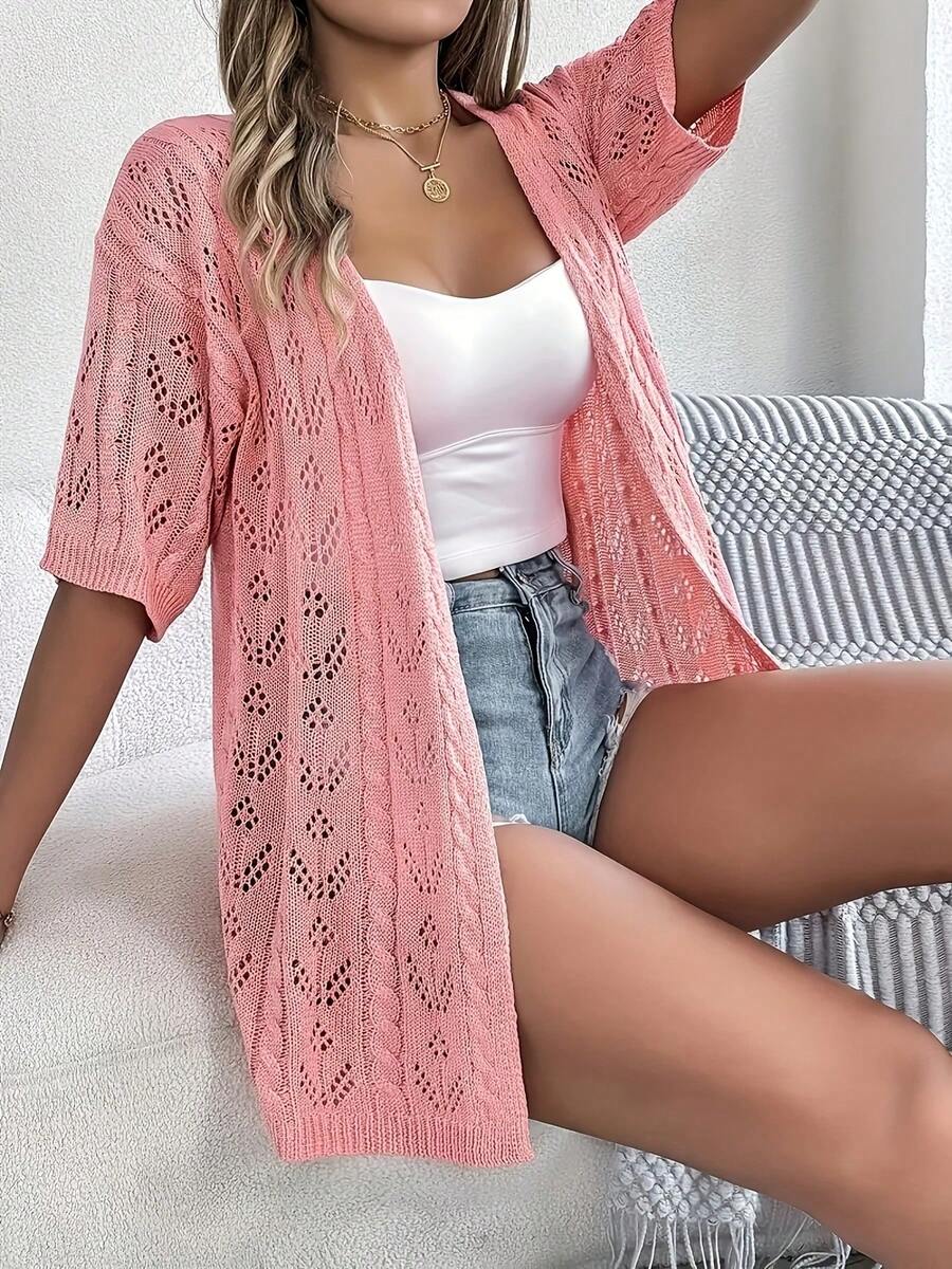 Plus Sizes - New For Summer: Women's Short Sleeve Openwork Cardigan, Loose Fit, Mid-Length, Lightweight And Breathable - 粉色 - 查看 1