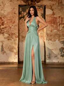 Summer Elegant Satin Mint Green Shiny Pleated Slit A-Line Maxi Dress, Evening Prom Gown For Women Wedding, Party, Vacation, Festival, Going Out - Mint Green - View 1