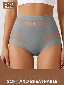 3pcs High Waist Tummy Control Plus Size Women's Panties, Breathable Mesh, Criss-Cross Tummy Control, Ice Silk Seamless, Shaping & Butt Lifting - Multicolor - View 6