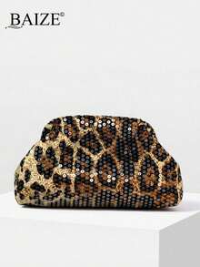 ENBEI BAIZE Elegante Bolso de Mano con Lentejuelas y Estampado de Leopardo - Bolsa de Maquillaje con Estampado de Leopardo, Gran Capacidad, Duradera, Multifuncional, Bolso de Playa para Muje - Multicolor 6 - Ver 1