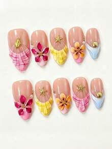 10pcs Shell French Style Nail Stickers, Medium Almond Shape, 3D Flower Water Ripple Rhinestone Design, Y2K Fresh Fashion Style, Glossy Full Coverage Artificial Nails, For Girls Daily Wear - Multicolor - View 2