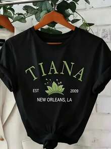 Women's Mexico T-Shirt, New Orleans Mardi Gras Print T-Shirt (Tiara/Tiana/EST 2009) - Short Sleeve, Round Neck, Casual And Party, Denim T-Shirt, Y2k Halloween Sneakers - 黑色 - 查看 1
