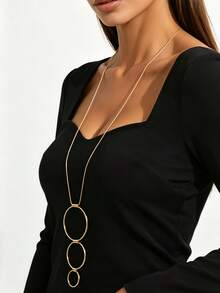 1pc Women's Long Pendant Necklace With 3-Layer Gradient Hollow Circle Design, Thin Snake Bone Chain, Minimalist Metal Sweater Chain For Commute And Party - Yellow Gold - View 3