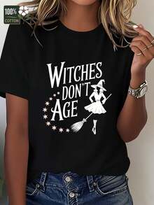Camiseta GráFica Para Mujer "Las Brujas No Envejecen" - DiseñO De Sombrero De Bruja Y Escoba Con Estrellas Y Letras De C, Verano Y2K Blusa,Temporada De Graduaciones Playeras Ropa De Mujer - Negro - Ver 1