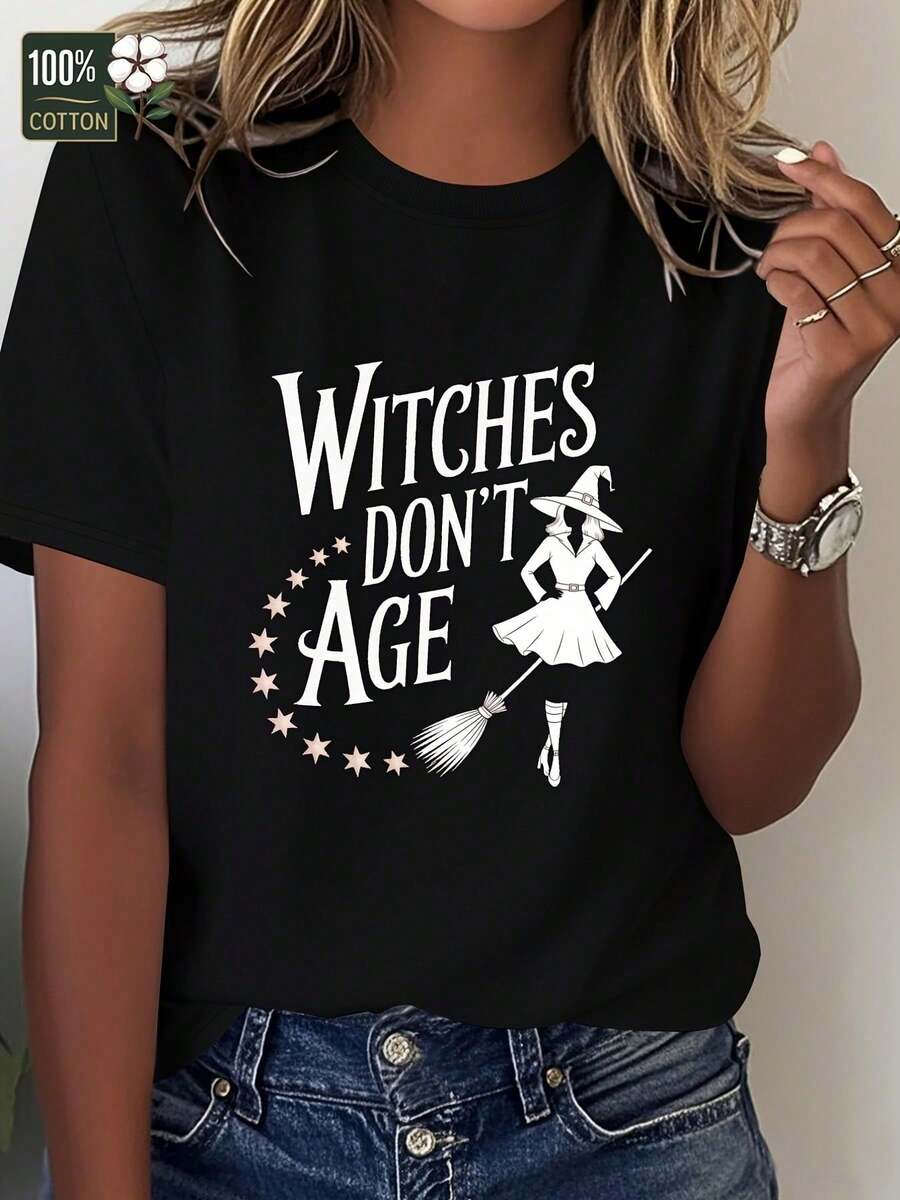 Camiseta GráFica Para Mujer "Las Brujas No Envejecen" - DiseñO De Sombrero De Bruja Y Escoba Con Estrellas Y Letras De C, Verano Y2K Blusa,Temporada De Graduaciones Playeras Ropa De Mujer - Negro - Ver 1