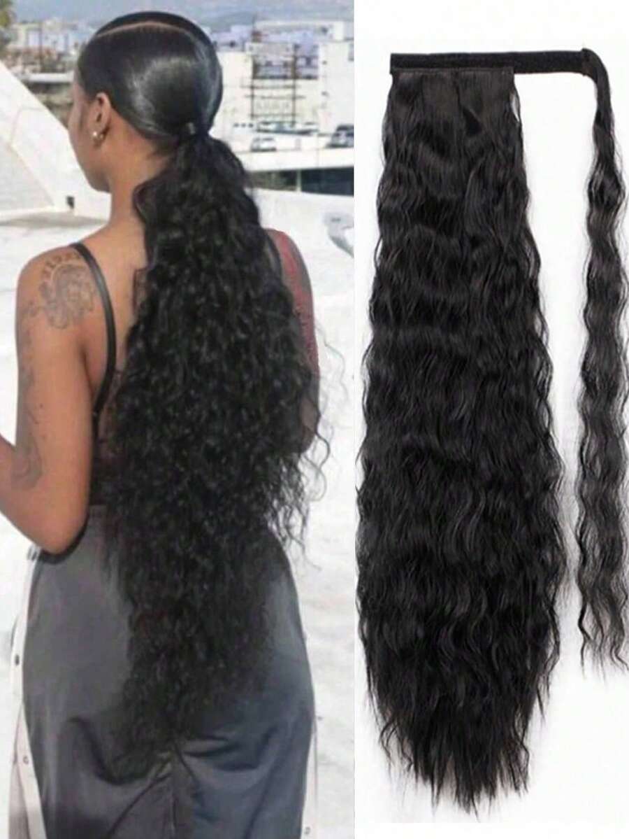 18-30 Inch Black Long Curly Wavy Invisible Ponytail Scrunchie Fluffy Corn Silk Ponytail Hair Extensions, Suitable For Women And Girls For Party And Daily Use - 黑色 - 查看 1