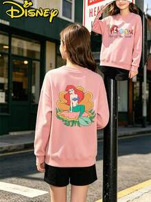 Disney Princess Ariel Seashell Cartoon Oversized Sweatshirt Teen Girl Clothes Double Print Crewneck Top - 藕粉色 - 查看 1