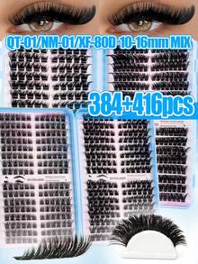 384/416 Piezas Set de Extensiones de Pestañas DIY D Curl, Longitud Mixta 10-16mm, Pestañas Gruesas, Suaves y Rizadas, Crea un Maquillaje de Ojos 3D Vívido, Fácil Aplicación en Casa, Perfecto para el Desplazamiento Diario, Viajes, Fiestas de Cena, Maquillaje de Novia y Dama de Honor - D - Ver 10
