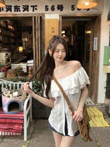 新款女款露肩短袖上衣，夏季成熟法式風開衩顯瘦設計小眾甜辣露肩上衣 白色 - 白色 - 查看 2