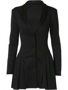 Women's Elegant Mini Blazer Dress With Deep V-Neck, Long Sleeves, Buttons And Pleats - 黑色 - 查看 4