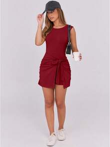 Caracilia Vestido Mini de Verano para Mujer, Sin Mangas, Ajustado al Cuerpo, con Cintura Ajustada y Pantalones Cortos Integrados, Ideal para Salir de Noche o Vacaciones - Marrón - Ver 11