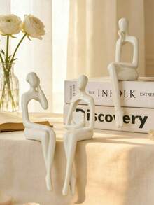 1pc White Sitting Figurine, Abstract Bookshelf Decor, Study, Living Room Desktop Ornament, Holiday Living Room Desk Bookshelf Decoration Gift, Back To School Gift - Multiple Styles - View 4