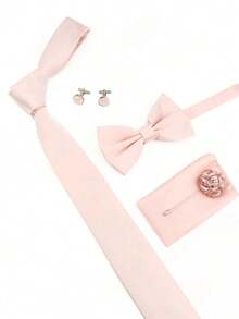5pcs Groom & Groomsmen Tie Set, Light Pink, Includes Tie, Bow Tie, Pocket Square, Boutonniere, Cufflinks, INS Style - Baby Pink - View 2