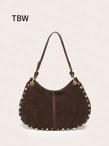 Bolso de Hombro Tipo Tote para Mujer, Estilo Retro Punk, Minimalista, con Remaches Decorativos, de Gamuza, Gótico, Punk - Café 2 - Ver 1