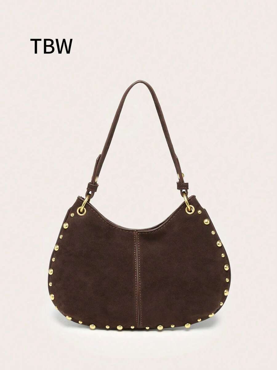 Bolso de Hombro Tipo Tote para Mujer, Estilo Retro Punk, Minimalista, con Remaches Decorativos, de Gamuza, Gótico, Punk - Café 2 - Ver 1