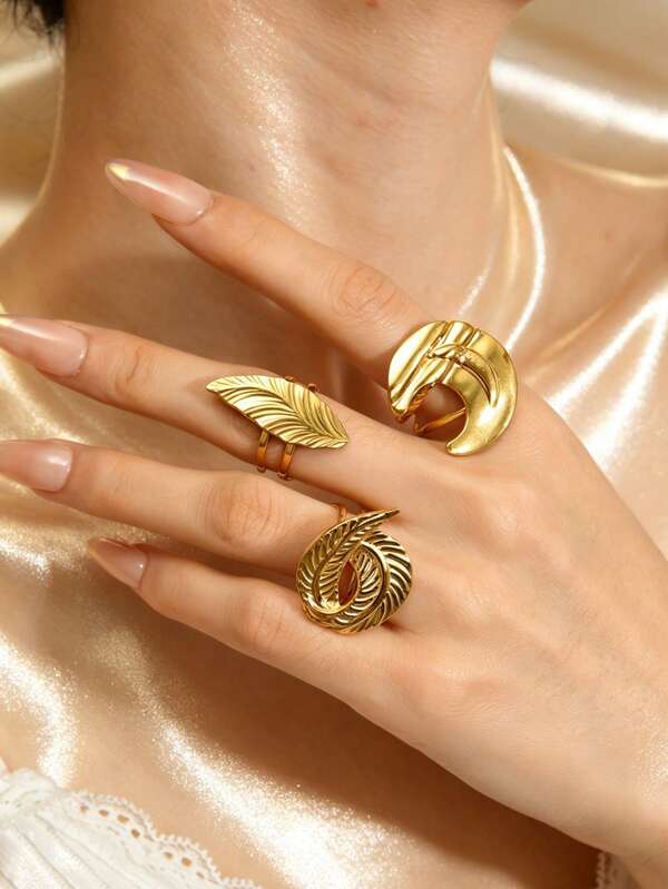 3pcs Summer Elegant Stainless Steel Leaf Moon Feather Women's Ring Set, Suitable For Daily Wear, Dating, Holiday, Personalized Accessory, Open Adjustable