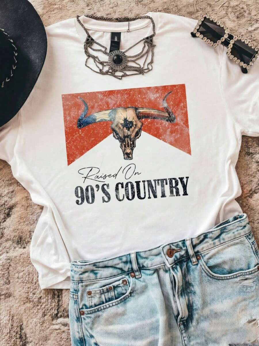 Plus Size Women T-Shirts,Vintage Raised On 90s Country Music Western ,100% Cotton T-Shirt - 白色 - 查看 1