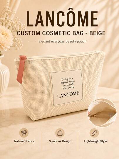 Lancôme Beige Woven Makeup Bag, Polyester, Durable Canvas With Zipper Closure, Large Capacity Toiletry Bag, Women's Skincare Storage Bag