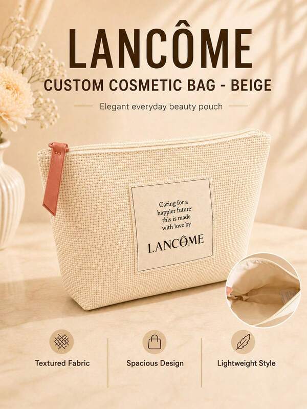 Lancôme Beige Woven Makeup Bag, Polyester, Durable Canvas With Zipper Closure, Large Capacity Toiletry Bag, Women's Skincare Storage Bag