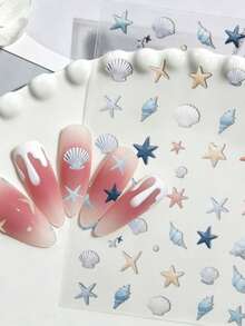 1Sheets Summer Ocean Beach Nail Stickers, Self-Adhesive 3D Mini Seashell Starfish Conch Nail Decals, Pastel Blue Pink Marine Pattern Manicure Decor,For Summer Vacation Seaside Daily Nail DIY Design - Multicolor - View 3