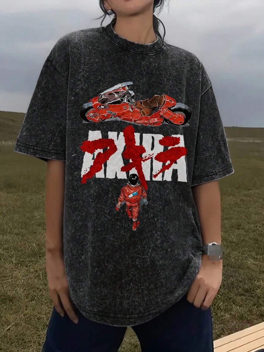 Camiseta de manga corta para hombre, estilo casual, holgada, estilo harem, vintage, lavada, de alta calidad, con estampado de AKIRA para el verano. JDJE - Negro - Ver 1