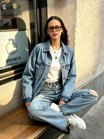 Damjacka i denim, vintage tvättad lös passform, Y2K streetwear för vardag, semester, utomhus, casual och festivaloutfits