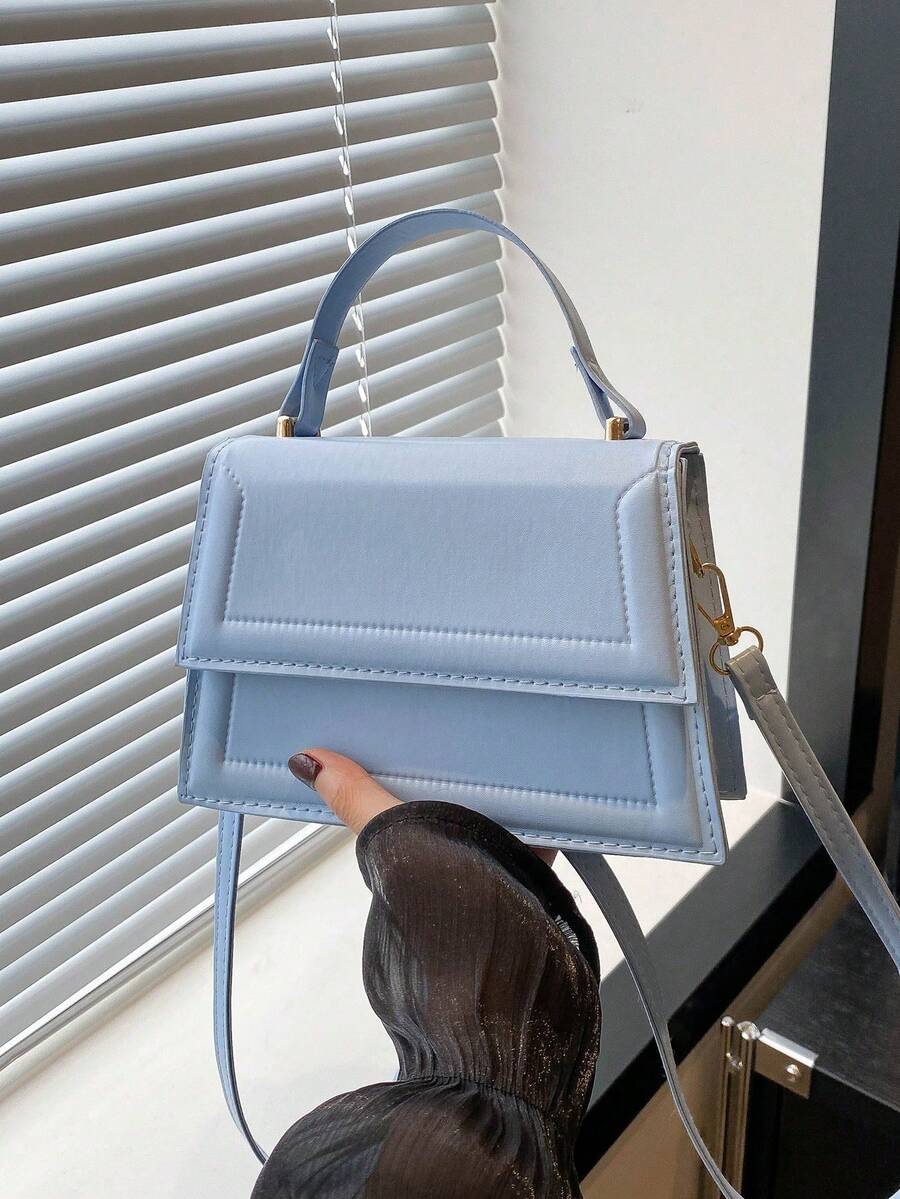1 pieza de bolso de mano mini de moda, de color sólido, material de PU texturizado, bolso de hombro cuadrado con solapa y correa ajustable desmontable. - Negro 2 - Ver 1