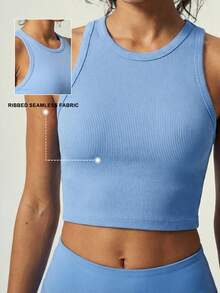 UONNOU Women's Ribbed Seamless I-Shaped Racerback Crop Tank Top, Round Neck Slim Fit Low Impact Yoga Workout Sports Vest - Blue - View 1