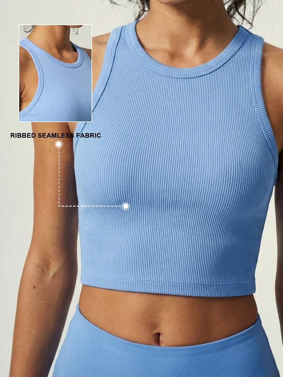 UONNOU Women's Ribbed Seamless I-Shaped Racerback Crop Tank Top, Round Neck Slim Fit Low Impact Yoga Workout Sports Vest - Blue - View 1