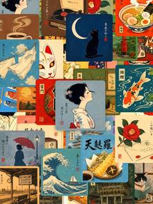 50pcs Light Academy Style Japanese Retro Material Stickers, Ukiyo-E Reading Lady Cat Traditional Landscape Waterproof Stickers, Suitable For Junk Journal, Book Lovers Decoration - Fresh and Clean - View 1
