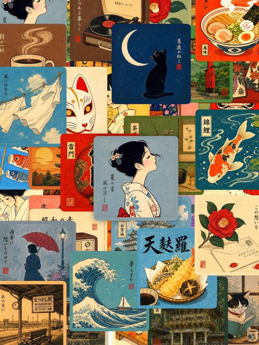 50pcs Light Academy Style Japanese Retro Material Stickers, Ukiyo-E Reading Lady Cat Traditional Landscape Waterproof Stickers, Suitable For Junk Journal, Book Lovers Decoration - Fresh and Clean - View 1